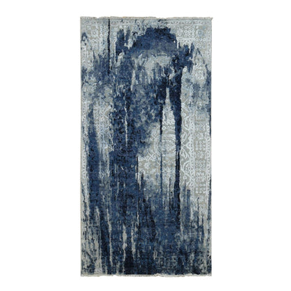 Transitional Wool & Silk Hand Knotted Rug Blue No Border 4.0X8.0 -O087677