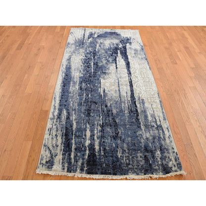 Transitional Wool & Silk Hand Knotted Rug Blue No Border 4.0X8.0 -O087677