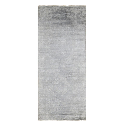 Transitional Wool & Silk Hand Knotted Rug Grey No Border 4.0X9.8 -O087679