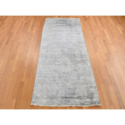 Transitional Wool & Silk Hand Knotted Rug Grey No Border 4.0X9.8 -O087679