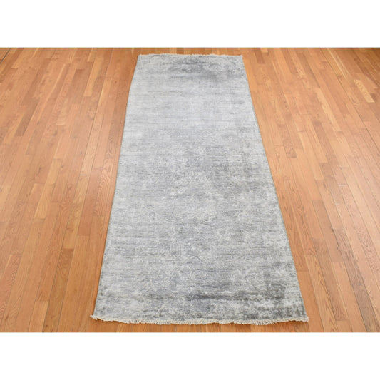 Transitional Wool & Silk Hand Knotted Rug Grey No Border 4.0X9.8 -O087679
