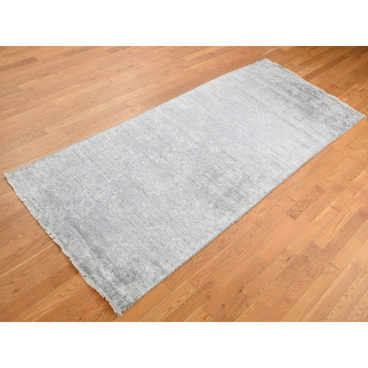 Transitional Wool & Silk Hand Knotted Rug Grey No Border 4.0X9.8 -O087679