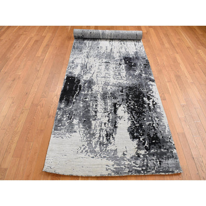 Modern and Contemporary Wool & Silk Hand Knotted Rug Grey No Border 4.2X13.1 -O087680