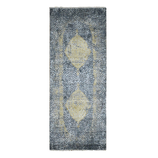 Transitional Wool & Silk Hand Knotted Rug Grey Gray 3.0X8.0 -O087688