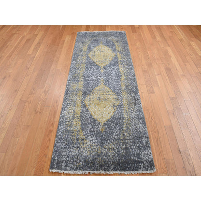 Transitional Wool & Silk Hand Knotted Rug Grey Gray 3.0X8.0 -O087688