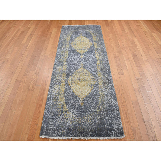 Transitional Wool & Silk Hand Knotted Rug Grey Gray 3.0X8.0 -O087688