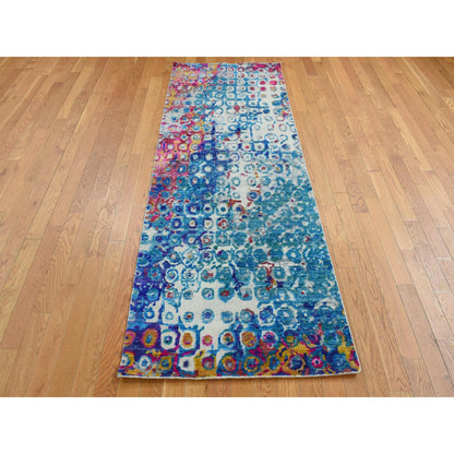 Transitional Sari Silk Hand Knotted Rug Blue No Border 3.0X8.2 -O087689