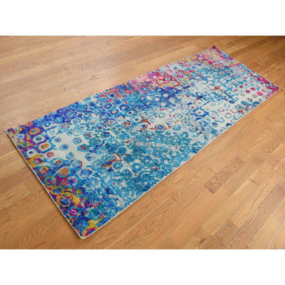 Transitional Sari Silk Hand Knotted Rug Blue No Border 3.0X8.2 -O087689