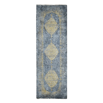 Transitional Wool & Silk Hand Knotted Rug Grey Gray 3.2X9.10 -O087690