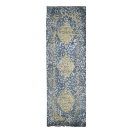Transitional Wool & Silk Hand Knotted Rug Grey Gray 3.2X9.10 -O087690