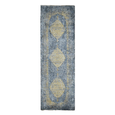 Transitional Wool & Silk Hand Knotted Rug Grey Gray 3.2X9.10 -O087690