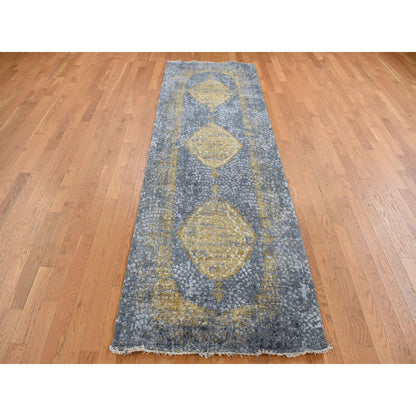 Transitional Wool & Silk Hand Knotted Rug Grey Gray 3.2X9.10 -O087690
