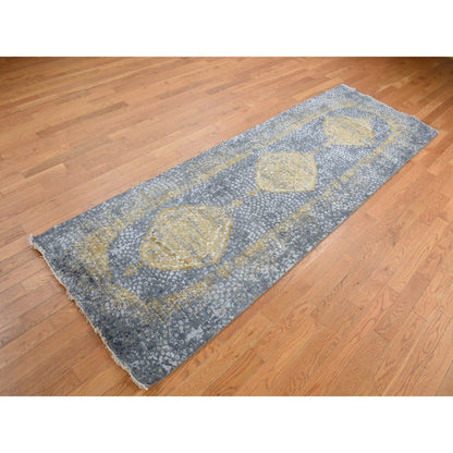 Transitional Wool & Silk Hand Knotted Rug Grey Gray 3.2X9.10 -O087690