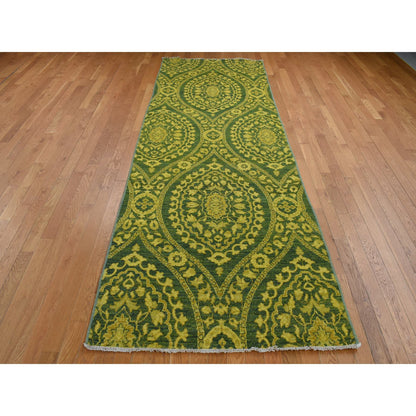 Overdyed & Vintage Wool Hand Knotted Rug Green No Border 4.1X11.8 -O087693