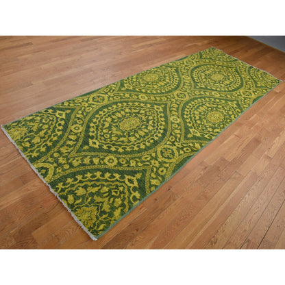 Overdyed & Vintage Wool Hand Knotted Rug Green No Border 4.1X11.8 -O087693
