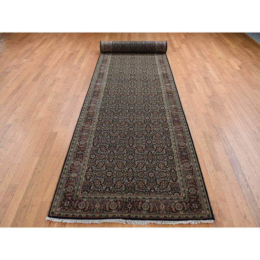 Fine Oriental Wool Hand Knotted Rug Black Red 4.2X19.10 -O087695