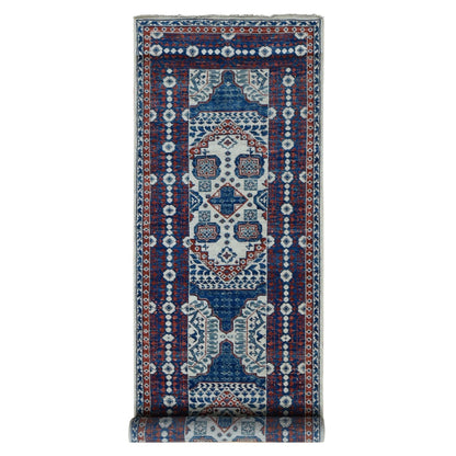 Mamluk Wool Hand Knotted Rug Ivory Denim Blue 4.1X14.0 -O087696