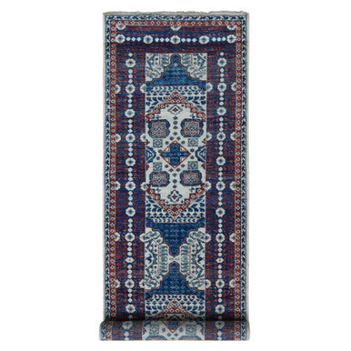 Mamluk Wool Hand Knotted Rug Ivory Denim Blue 4.1X14.0 -O087696