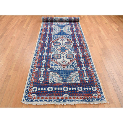 Mamluk Wool Hand Knotted Rug Ivory Denim Blue 4.1X14.0 -O087696