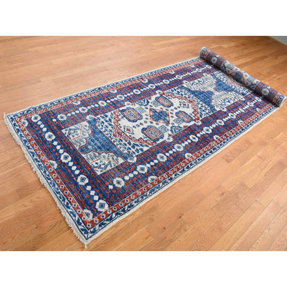Mamluk Wool Hand Knotted Rug Ivory Denim Blue 4.1X14.0 -O087696