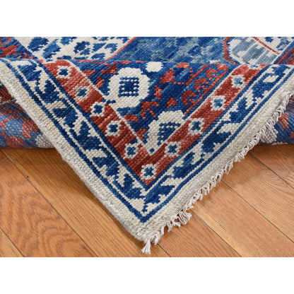 Mamluk Wool Hand Knotted Rug Ivory Denim Blue 4.1X14.0 -O087696