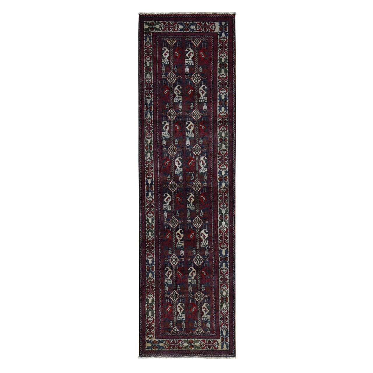 Red 2'6" x 9'3" Tribal & Geometric Hand knotted Wool Rug - Sku: O087726