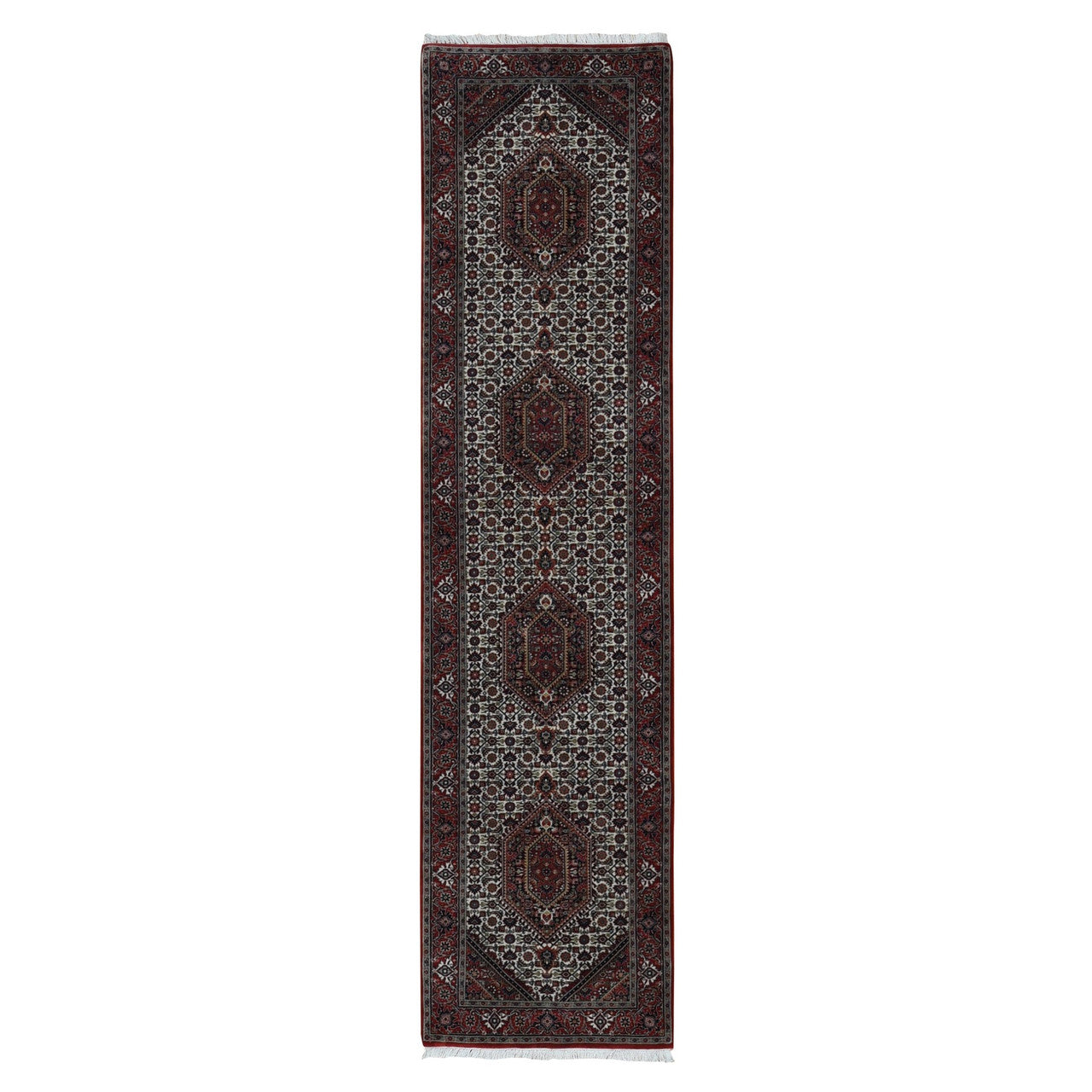 Fine Oriental Wool Hand Knotted Rug Ivory Red 2.9X11.4 -O087728