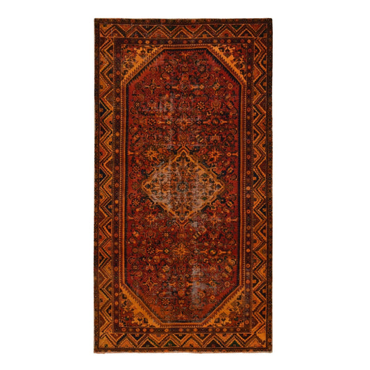Tribal & Geometric Worn Wool Hand Knotted Rug Orange Orange 4.10X9.7 -O087731