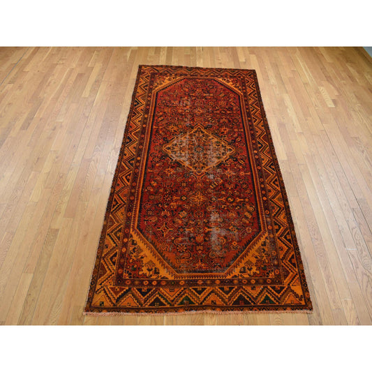 Tribal & Geometric Worn Wool Hand Knotted Rug Orange Orange 4.10X9.7 -O087731