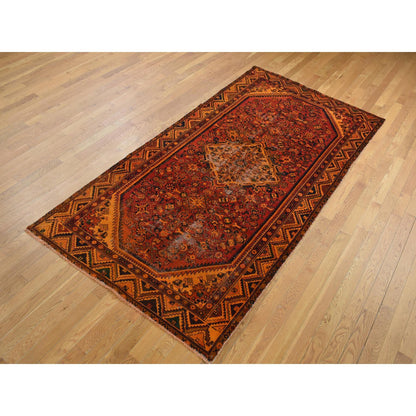 Tribal & Geometric Worn Wool Hand Knotted Rug Orange Orange 4.10X9.7 -O087731