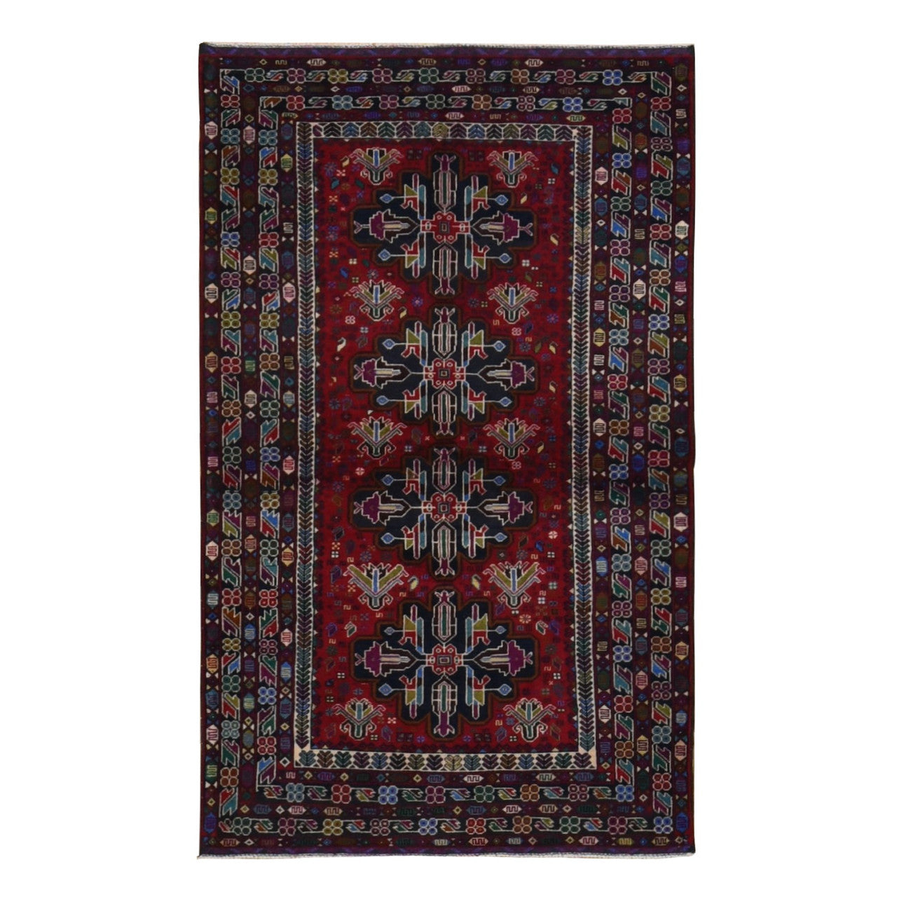 Tribal & Geometric Wool Hand Knotted Rug Red Blue 3.10X6.5 -O087734
