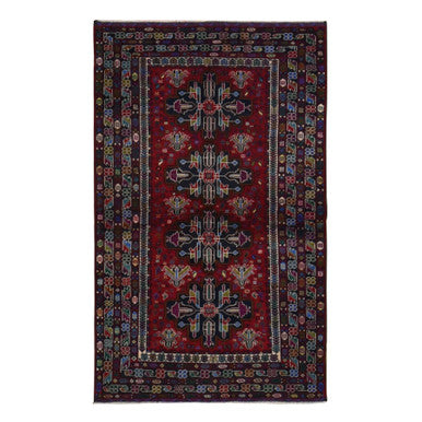 Tribal & Geometric Wool Hand Knotted Rug Red Blue 3.10X6.5 -O087734