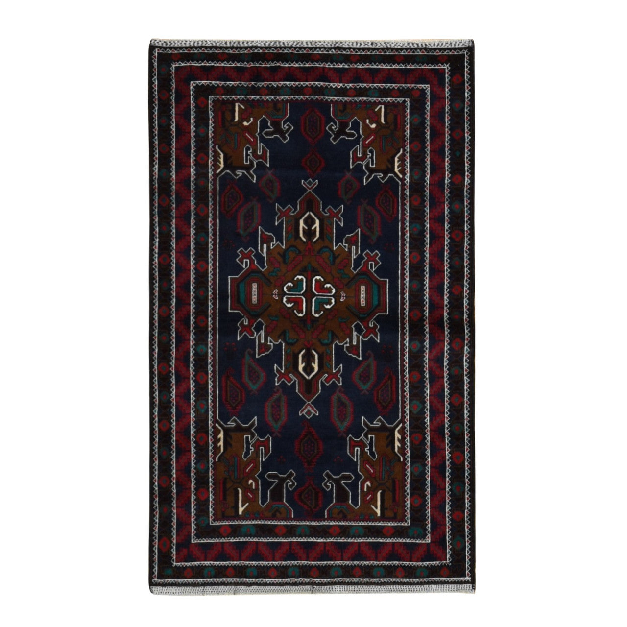 Tribal & Geometric Wool Hand Knotted Rug Blue Red 3.10X6.9 -O087735