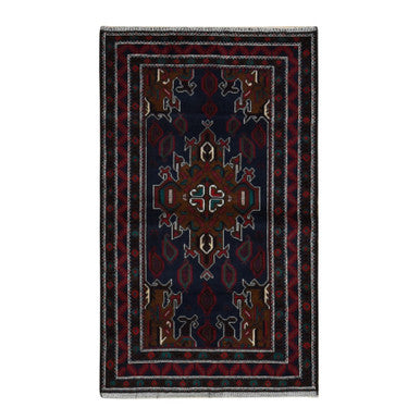 Tribal & Geometric Wool Hand Knotted Rug Blue Red 3.10X6.9 -O087735