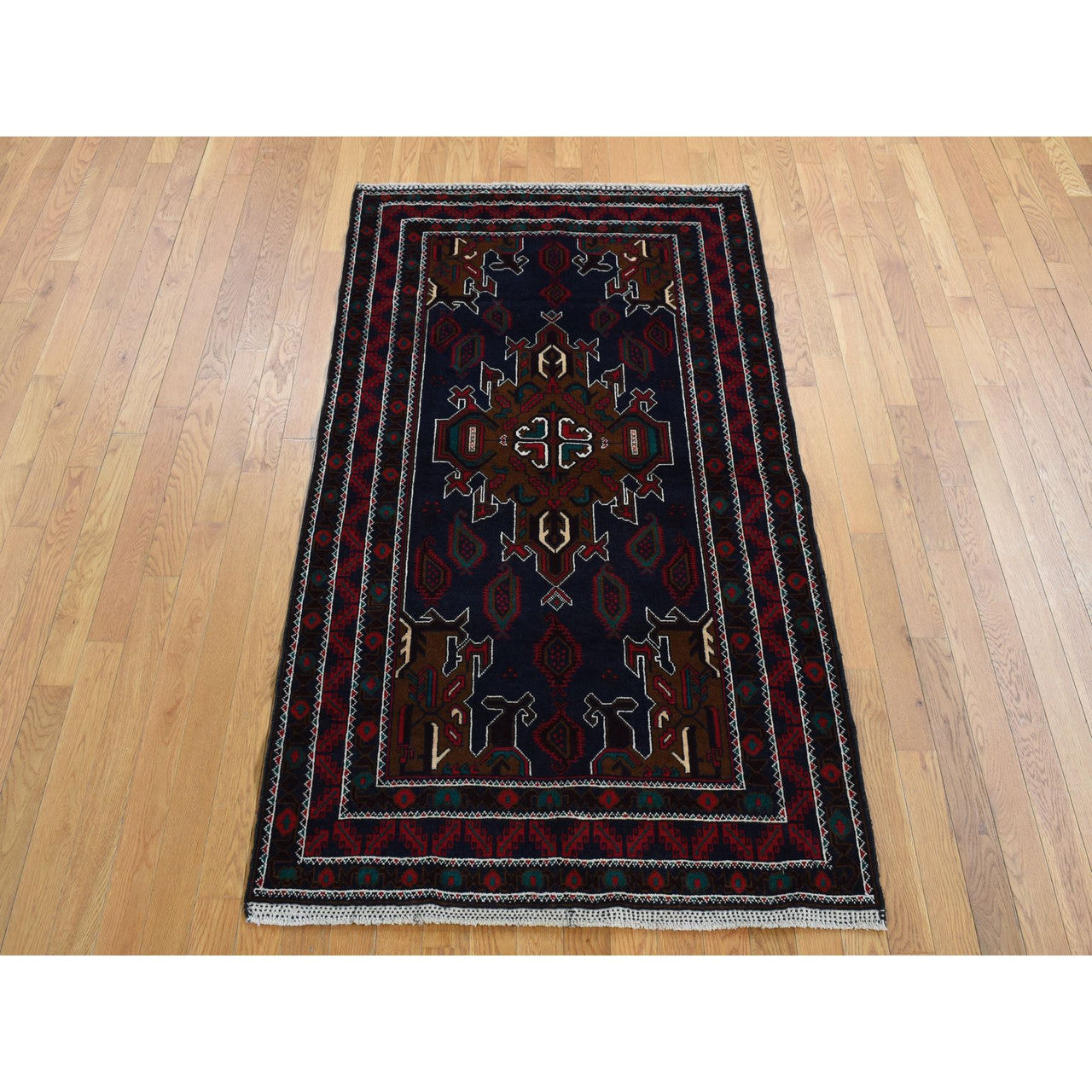 Tribal & Geometric Wool Hand Knotted Rug Blue Red 3.10X6.9 -O087735