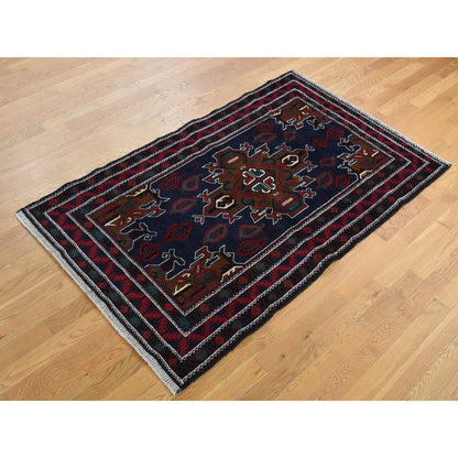 Tribal & Geometric Wool Hand Knotted Rug Blue Red 3.10X6.9 -O087735