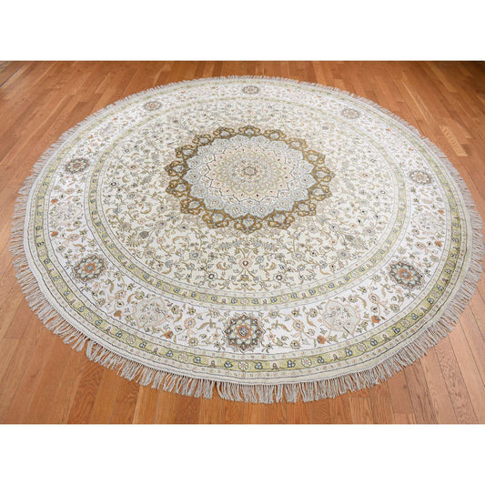 Fine Oriental Silk Hand Knotted Rug Ivory Ivory 9.1X9.1 -O087755
