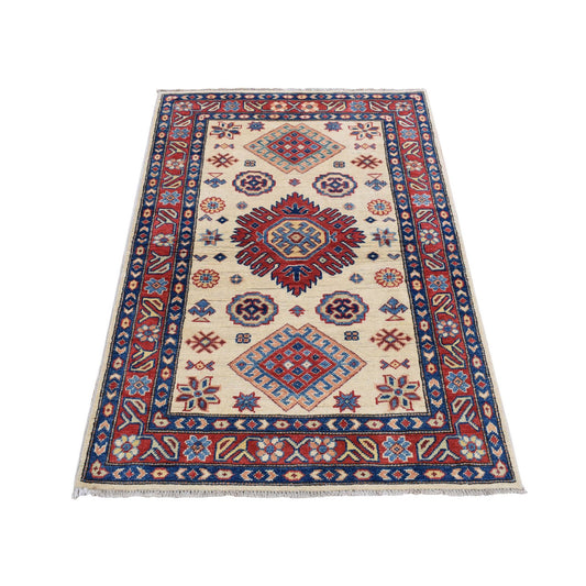Kazak Wool Hand Knotted Rug Ivory Red 3.0X4.7 -O087765