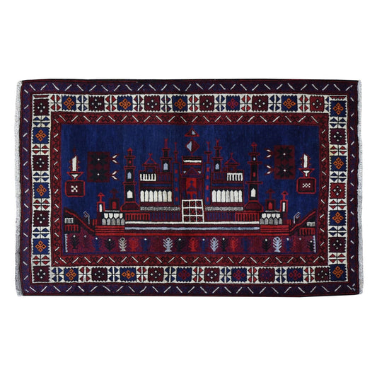 Tribal & Geometric Wool Hand Knotted Rug Blue Ivory 3.0X4.6 -O087772