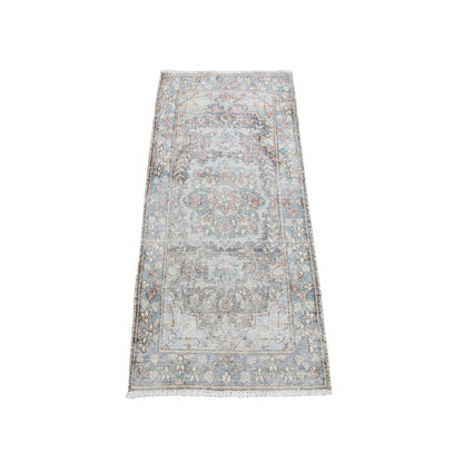 Overdyed & Vintage Wool Hand Knotted Rug Grey Blue 1.8X3.7 -O087775