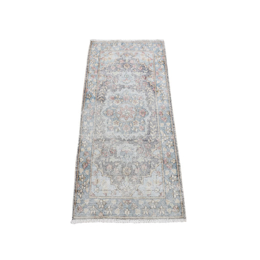 Overdyed & Vintage Wool Hand Knotted Rug Grey Blue 1.8X3.7 -O087775