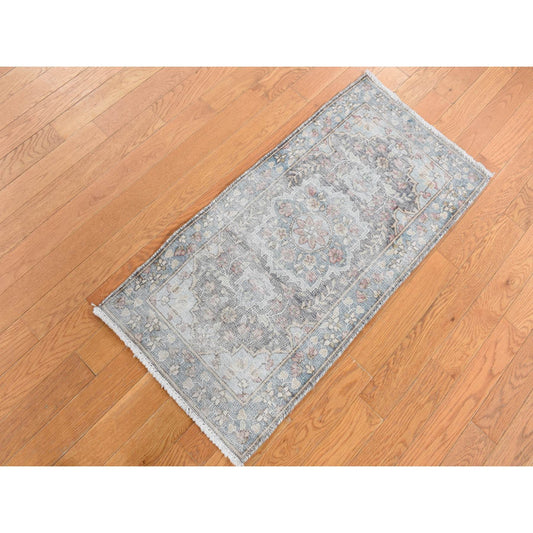 Overdyed & Vintage Wool Hand Knotted Rug Grey Blue 1.8X3.7 -O087775