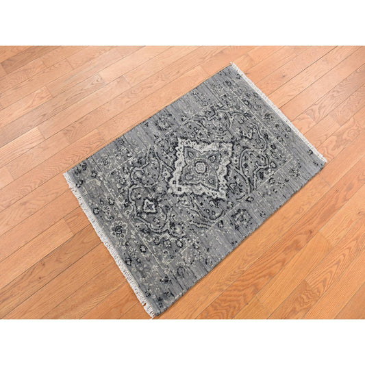 Transitional Wool & Silk Hand Knotted Rug Grey Gray 2.1X3.1 -O087781