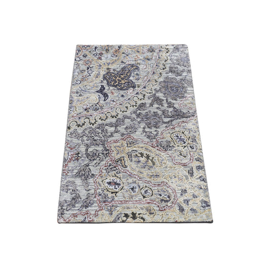 Transitional Wool & Silk Hand Knotted Rug Grey No Border 2.0X3.1 -O087782