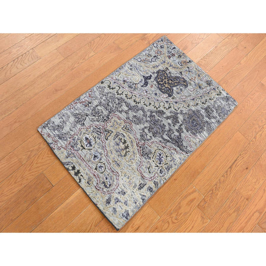 Transitional Wool & Silk Hand Knotted Rug Grey No Border 2.0X3.1 -O087782