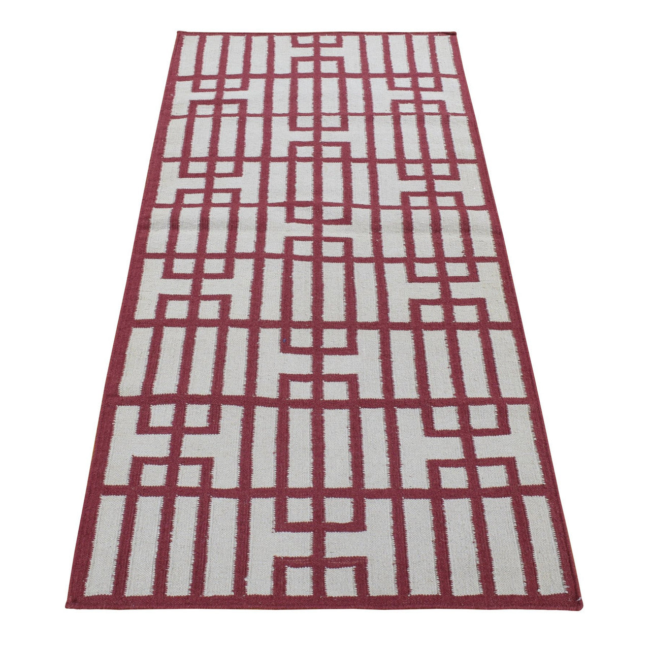 Red 2'5" x 6'1" Flat Weave Hand woven Wool Rug -O087846