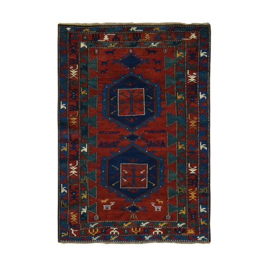 Tribal & Geometric Wool Hand Knotted Rug Red Blue 4.6X6.4 -O087856