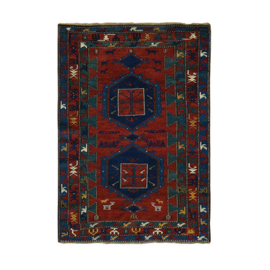 Tribal & Geometric Wool Hand Knotted Rug Red Blue 4.6X6.4 -O087856