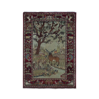 Antique Wool Hand Knotted Rug Ivory Red 4.7X6.7 -O087875