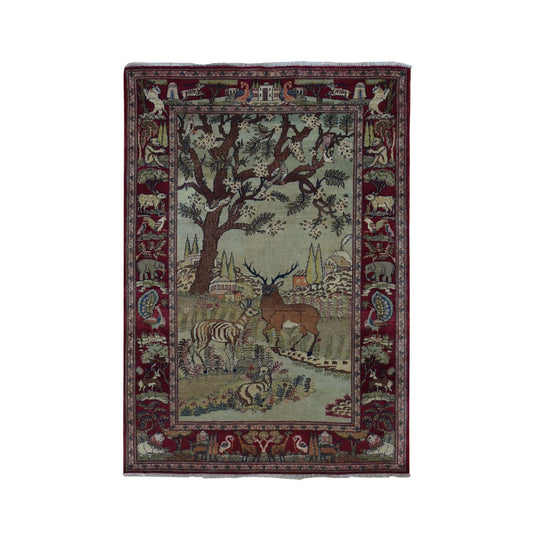 Antique Wool Hand Knotted Rug Ivory Red 4.7X6.7 -O087875